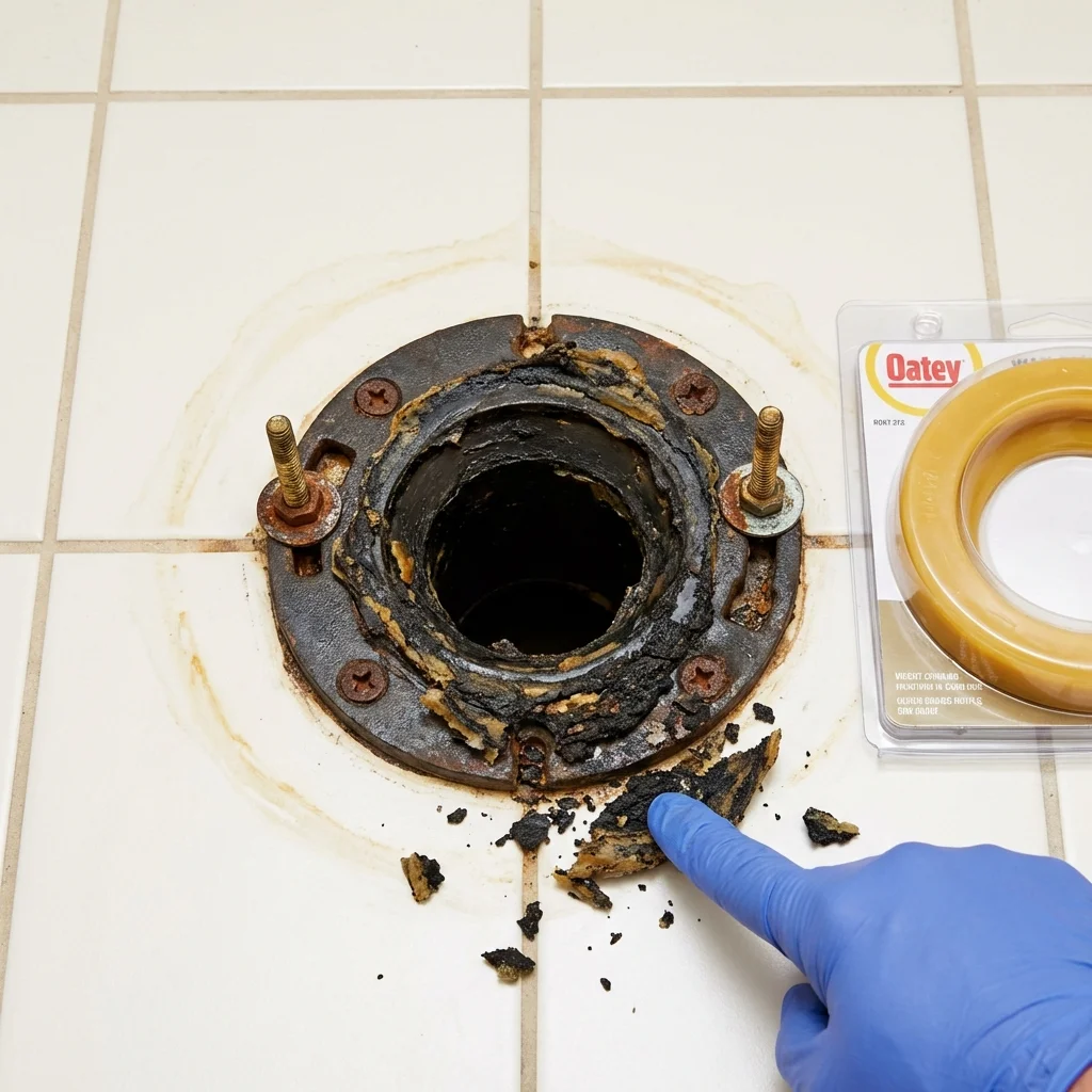 Failed wax ring showing water seepage at the base of a toilet in a Hillsboro, OH home