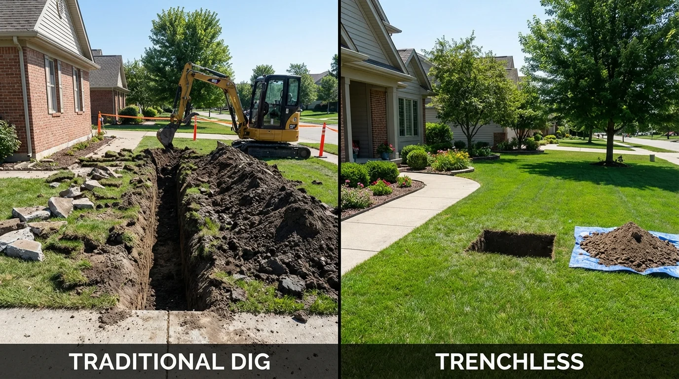 Trenchless sewer repair with minimal yard damage versus traditional excavation in Hillsboro, OH