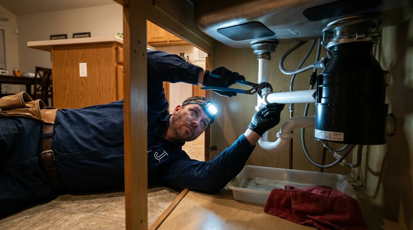 P-trap and supply line connections under a kitchen sink showing a common leak point in Hillsboro, OH